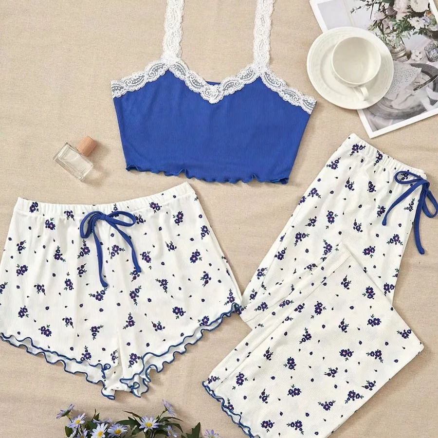 Three piece heartshaped printed vest shorts and pants with ribbed fabric suitable for family casual womens clothing set 250427Z