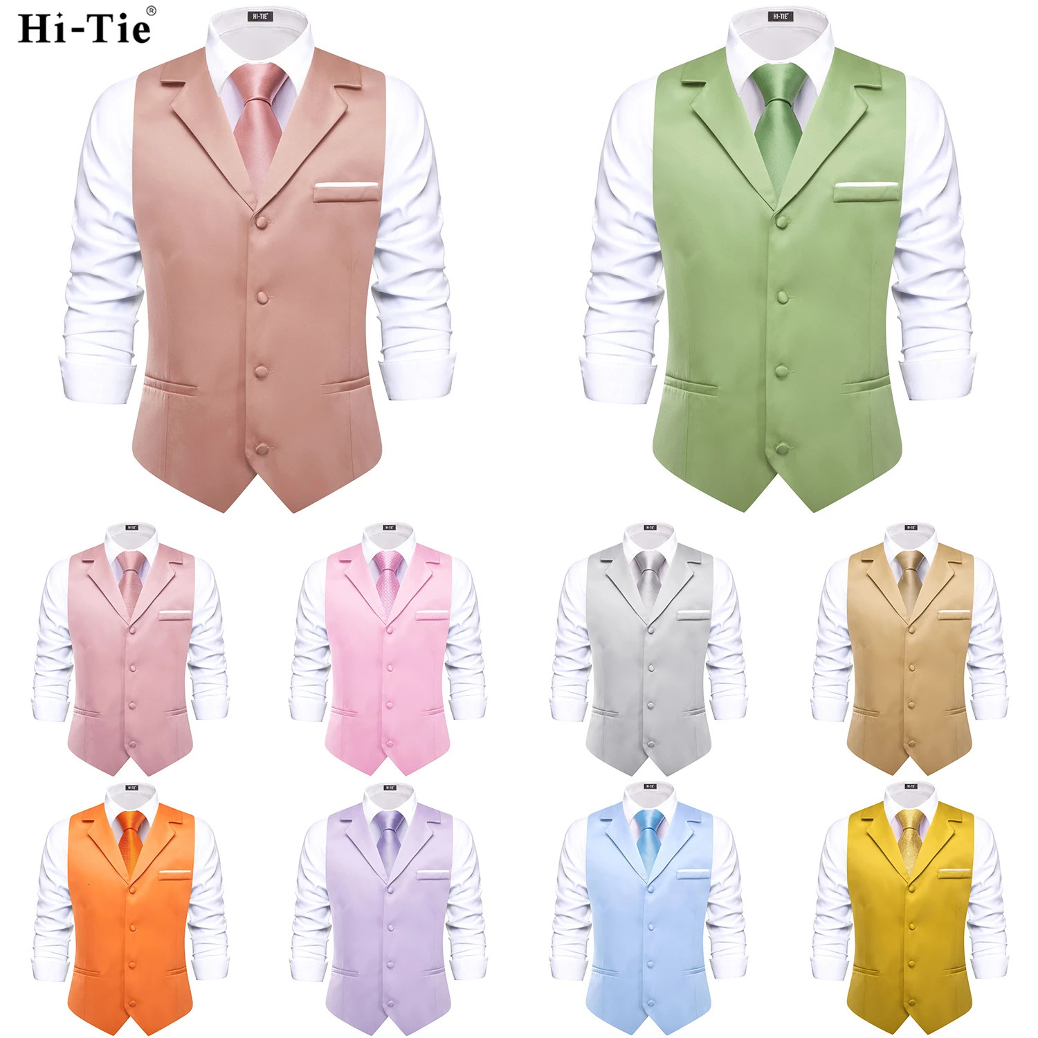 Hi Tie Dusty Pink Solid V-neck Mens Tank Top with Tie Jacquard Evening Dress Adjustable Jacket Casual Business Party Fashion 250427BJ