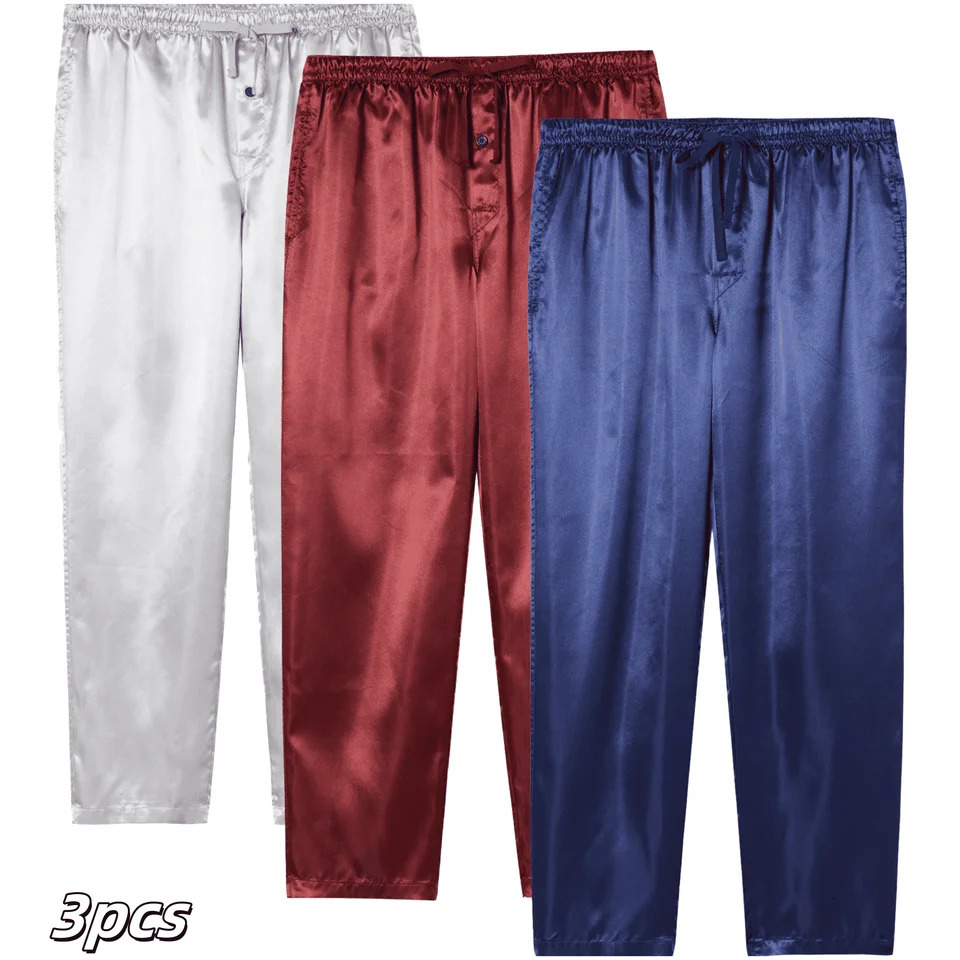 3 pieces of mens springsummer satin comfortable sleepwear with elastic waistband and pockets solid color casual sleepwear 250427Z