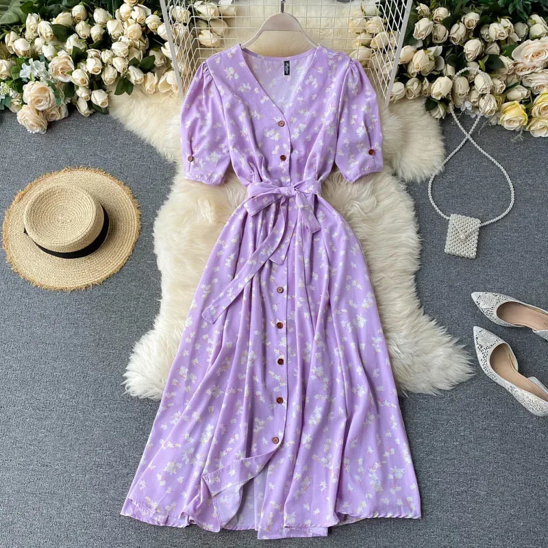 French Sweet Flower Dress Womens V-neck Puff Sleeve Single Chest Strap Dress Summer Bohemian Printed A-line Midi Dress 250427BJ