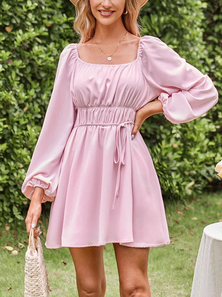 Womens Long Lantern Sleeve Square Collar Doll Dress A-Line Ruffle Elastic Waist Mini Pink Summer Dress 250427BJ