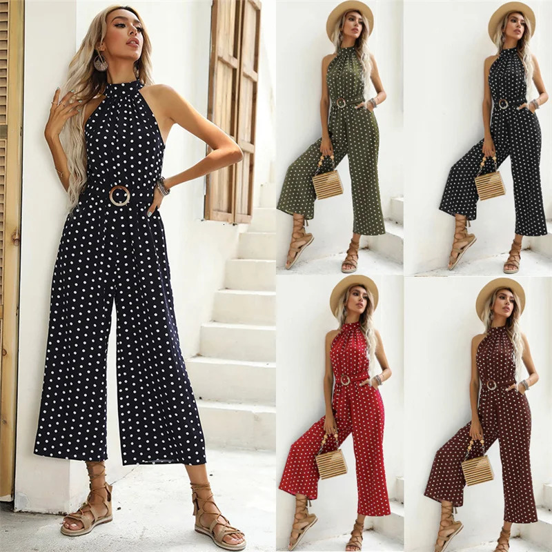 Womens Summer Fashion Trend with Polka Dot Hanger Wide Leg Black jumpsuit 250427BJ