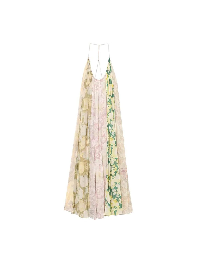 Womens Summer MIDI Strap Dress Retro Printed Strap Chiffon Strapless Womens Elegant Loose Dress 250427BJ