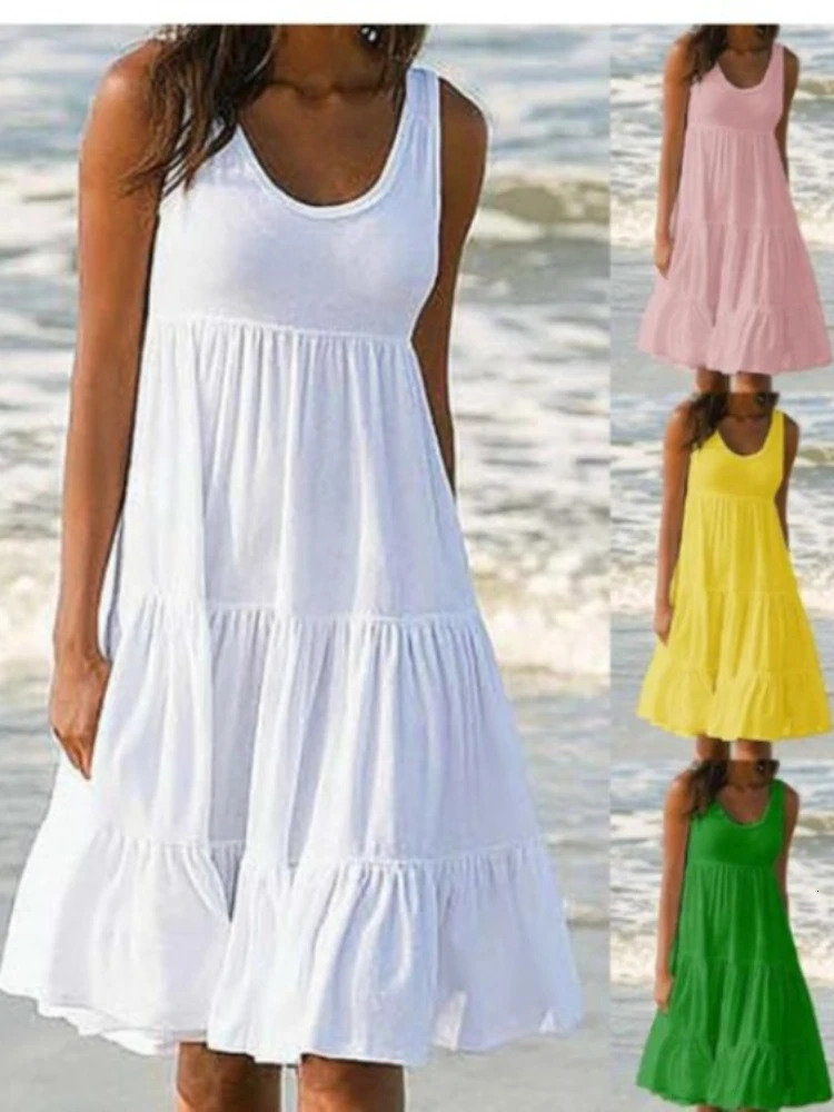 Oversized O-neck sleeveless ruffled loose beach dress Bohemian solid color womens plus size elegant Sundress club party vest 250427BJ