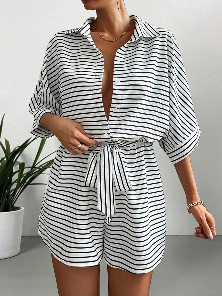 Summer Womens Casual Loose Comfortable 100 Strip Random Striped Batwing Sleeve Front Button jumpsuit 250427BJ