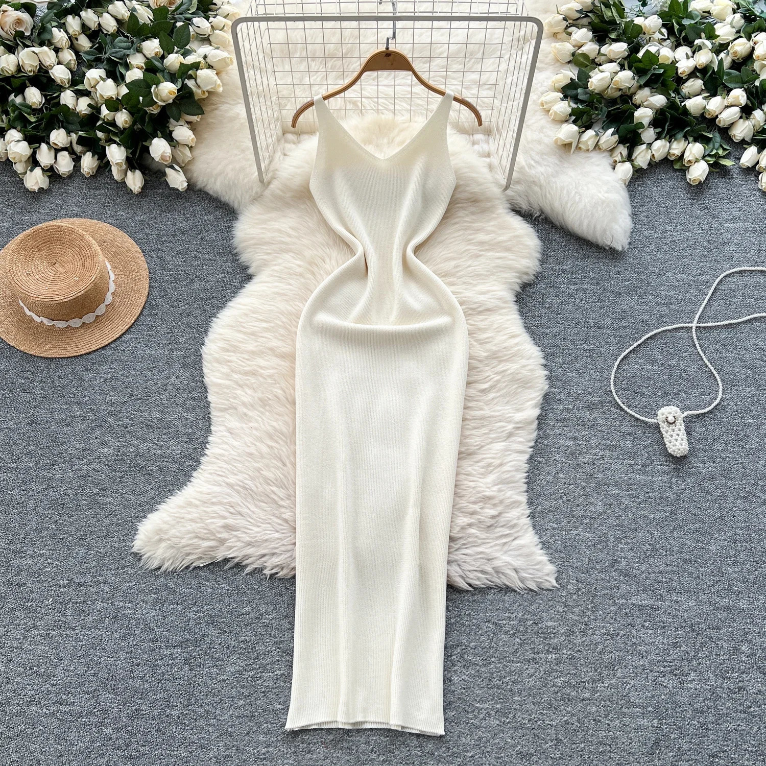 summer fashion sexy package Hips V-neck knitted dress womens ultra-thin elastic body long skirt streetwear set Vestido 250427BJ