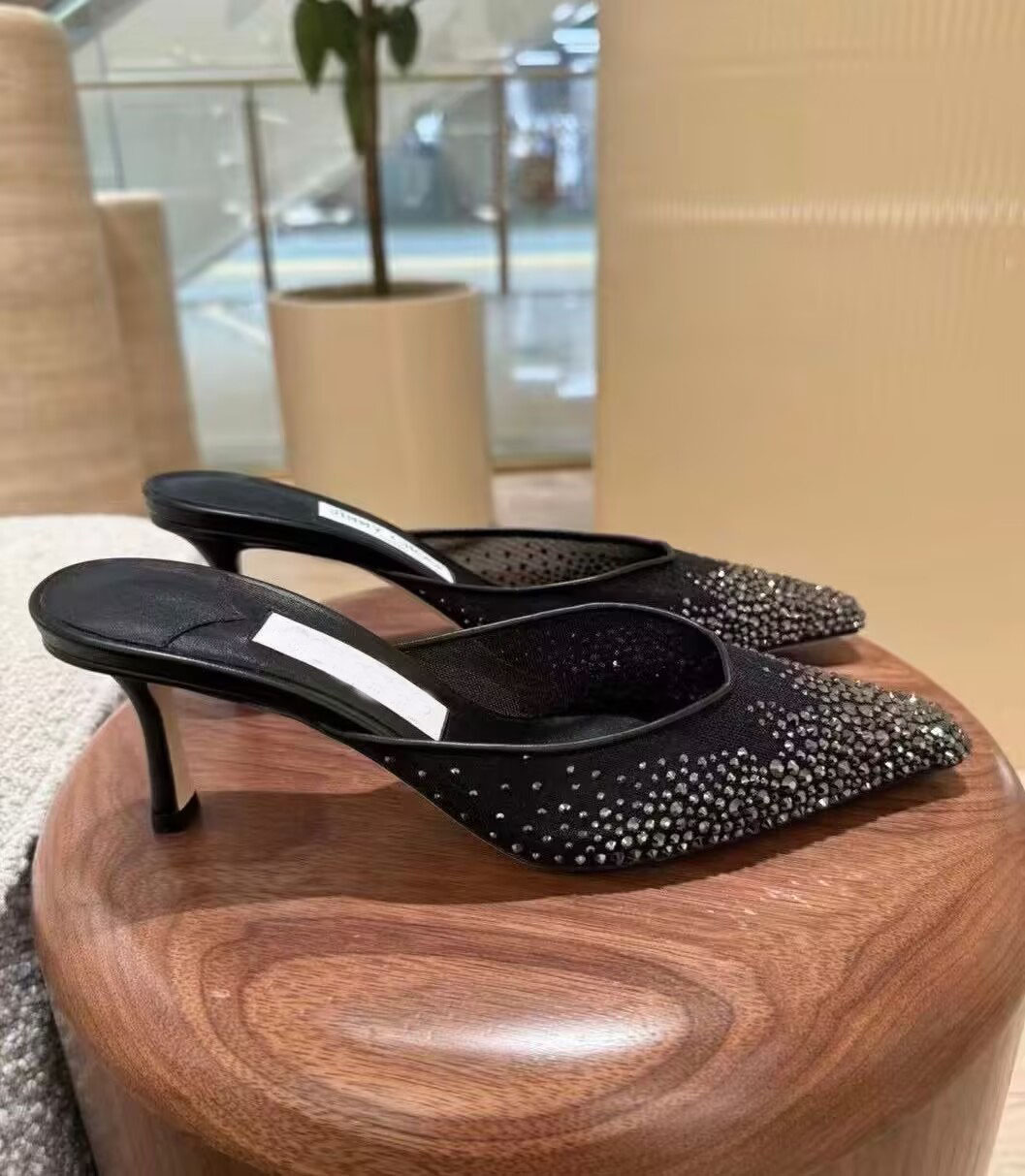Summer Luxury Brand Women Sandals Shoes Vivi 65 Crystal Mesh Mules Degrade Crystalembellishment Pointed Toe Low Heels Lady Party Dress Walking