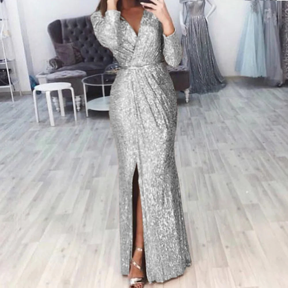 Womens sequined high seam party dress Ruched evening dress flash dress deep Vneck long sleeved vest summer 2023 sexy 250427Z