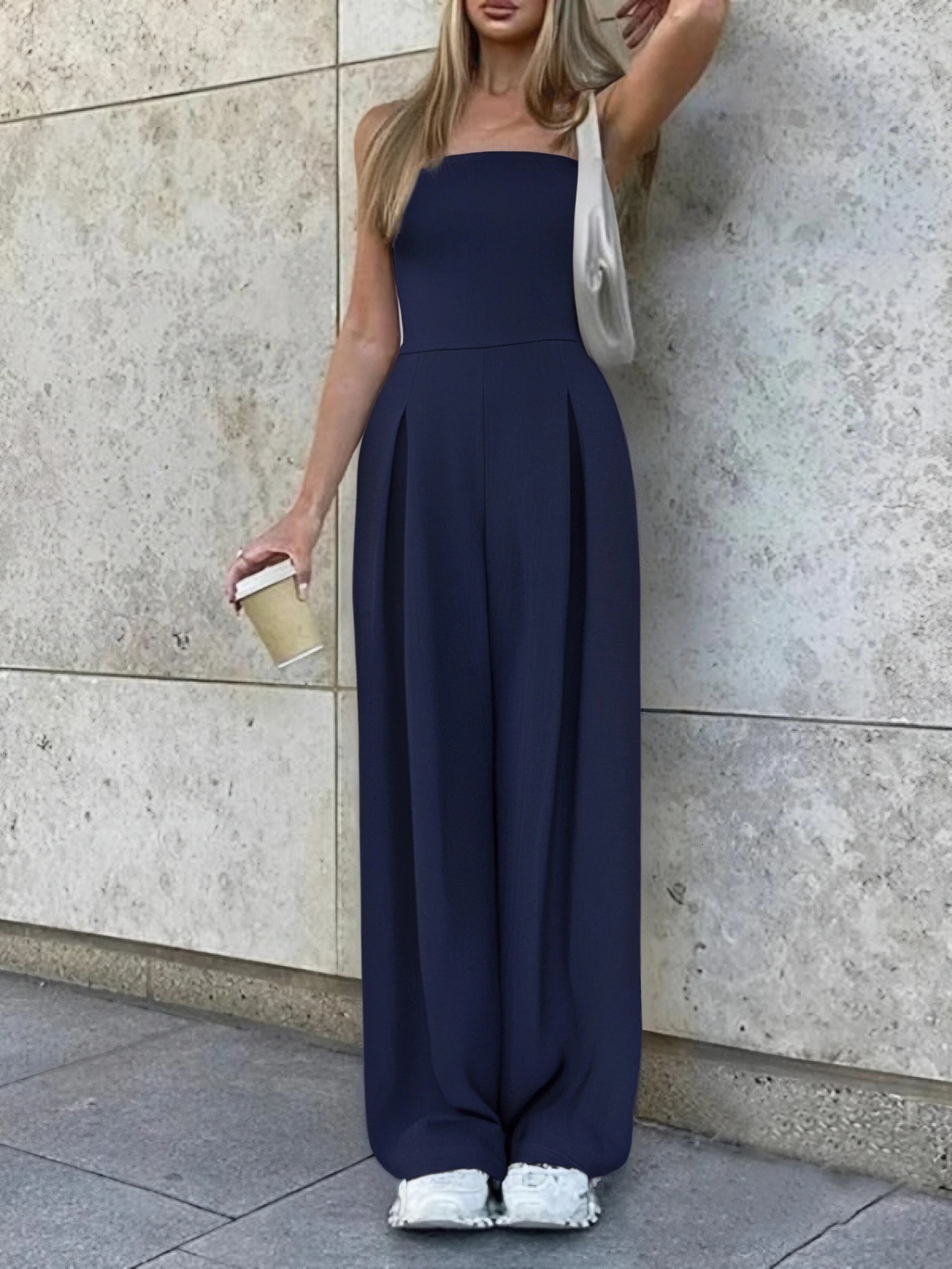 Elegant womens jumpsuit without shoulders solid jacket summer pocket wide leg Trouser sexy casual loose and fashionable tight fitting clothes 250427