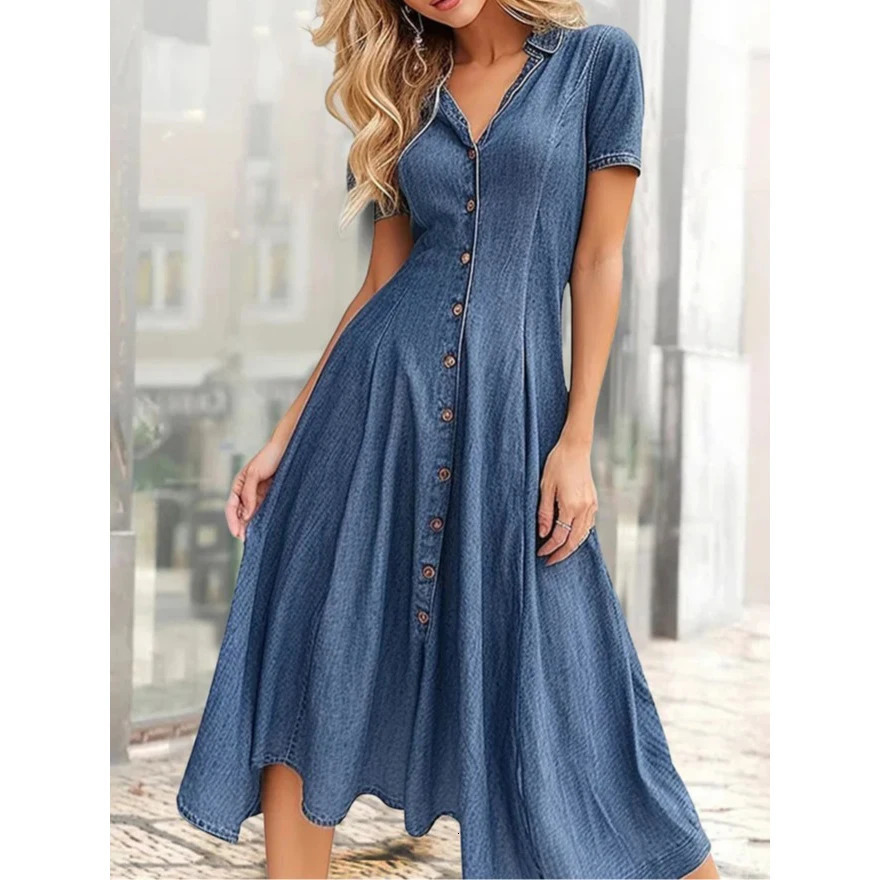 Solid color womens casual loose denim short sleeved long seam shirt shoulder sleeves and button up dress 250427BJ