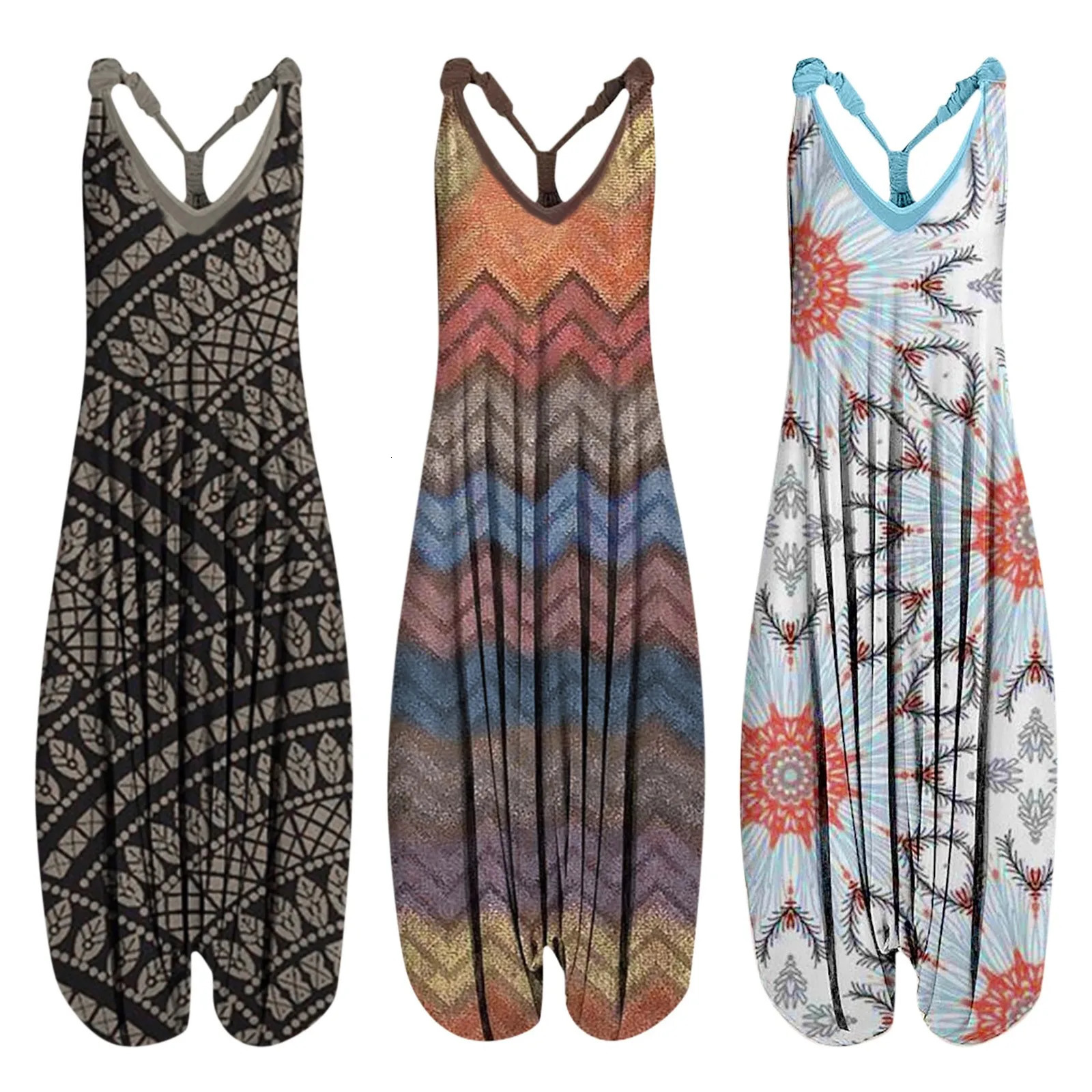 Large ethnic style womens jumpsuit with spring and summer print sleeveless top backless cross strap beach jumpsuit S-5XL 250427BJ