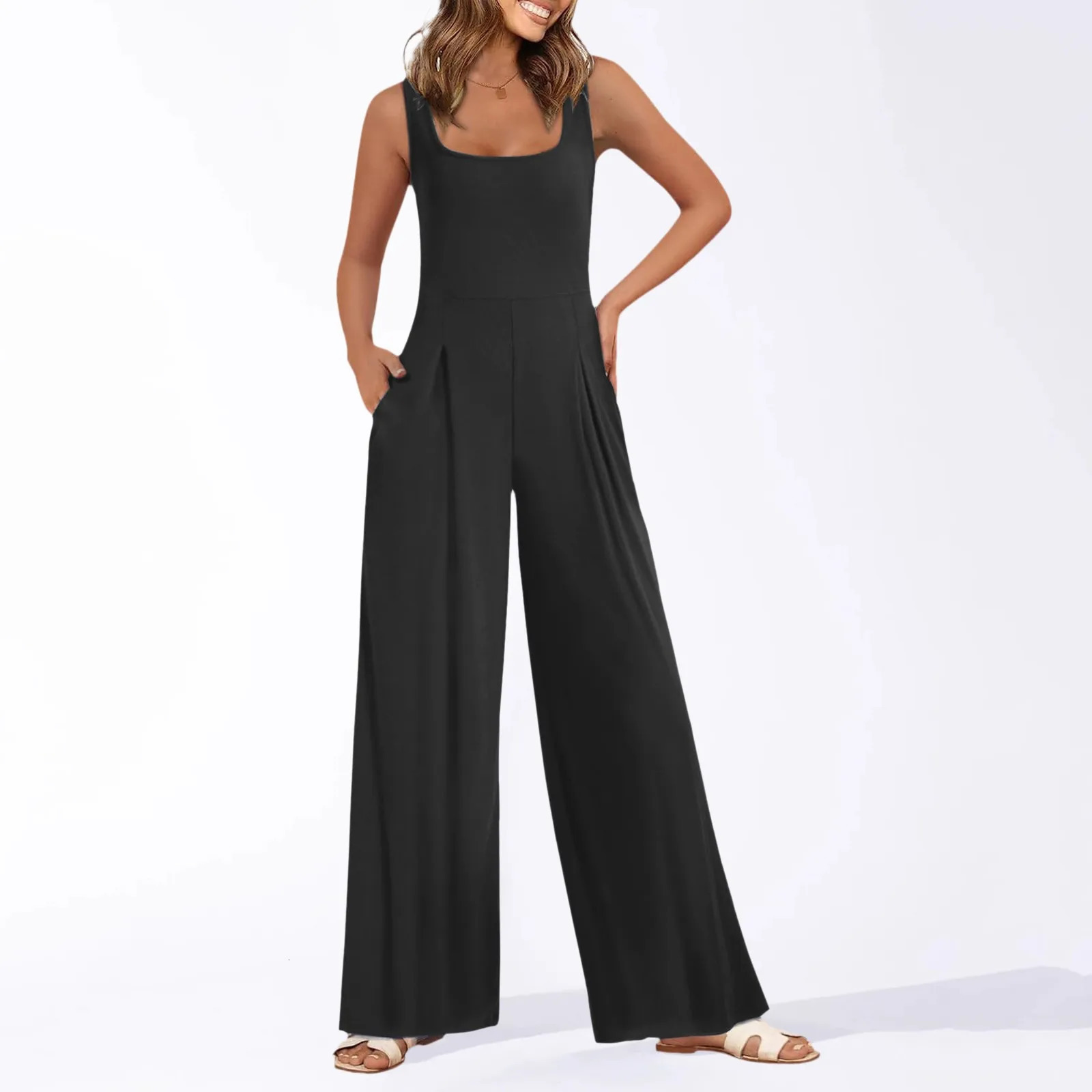 Womens solid color spaghetti shoulder strap sleeveless loose long sleeved jumpsuit fashionable freight formal plus size black jumpsuit 250427BJ