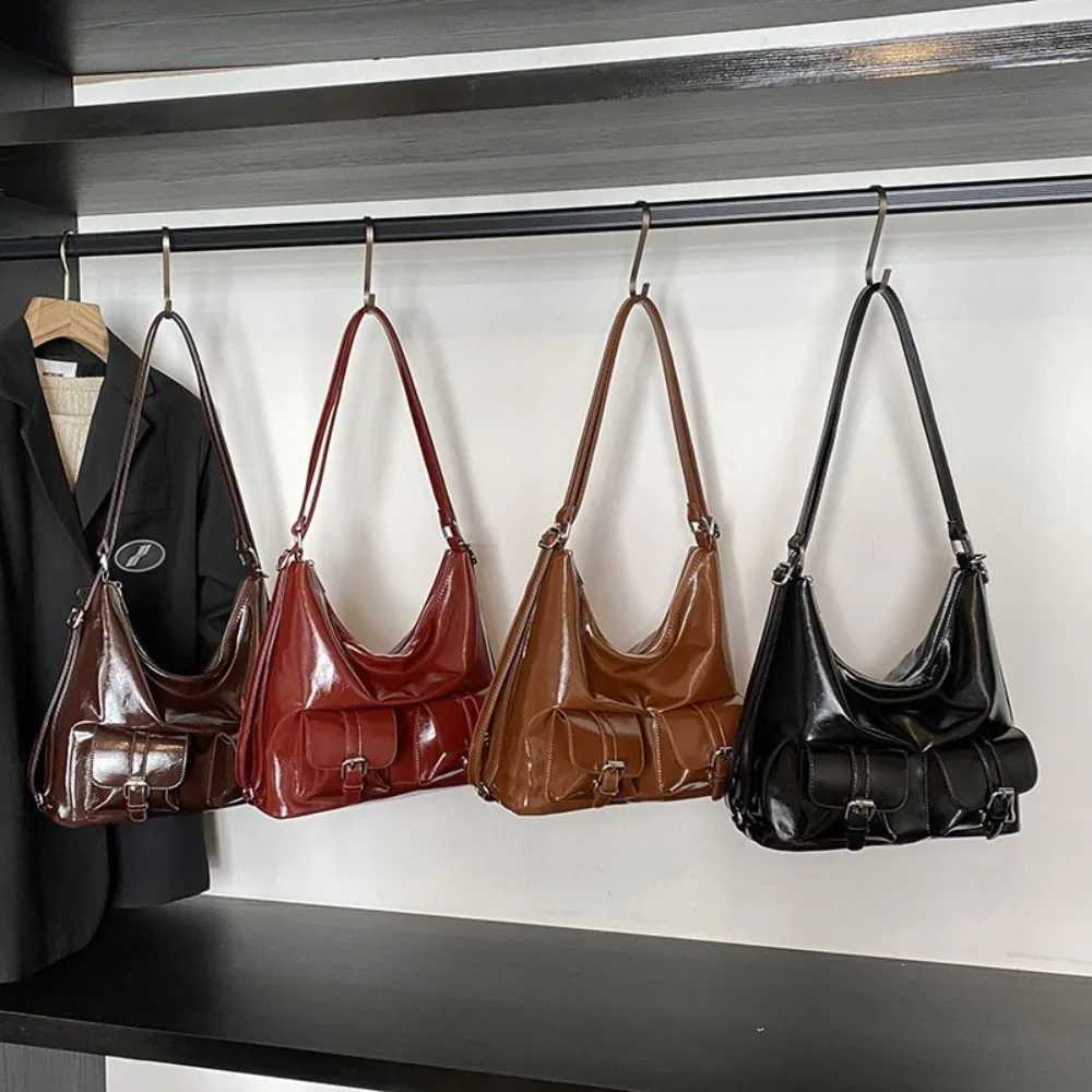 Solid color multi pocket backpack Y2K style large capacity PU leather cross body bag handbag womens backpackW250504