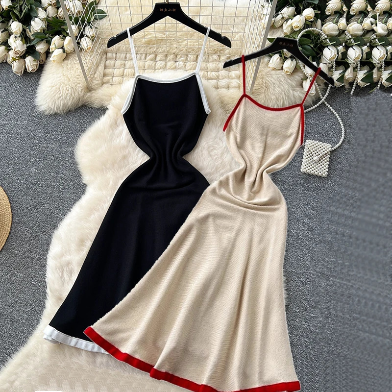 knitted spaghetti strap dress for women sleeveless elastic ultra-thin A-line dress fashionable color block summer casual sun skirt 250427