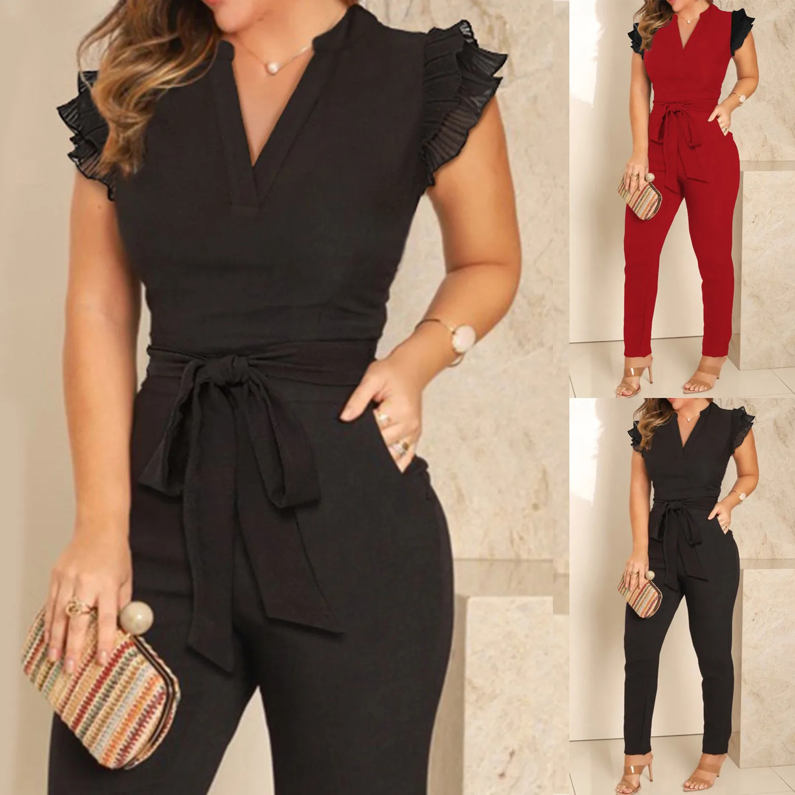 selling summer casual V-neck womens jumpsuit sleeveless pocket belt jumpsuit ultra-thin jumpsuit 250427BJ
