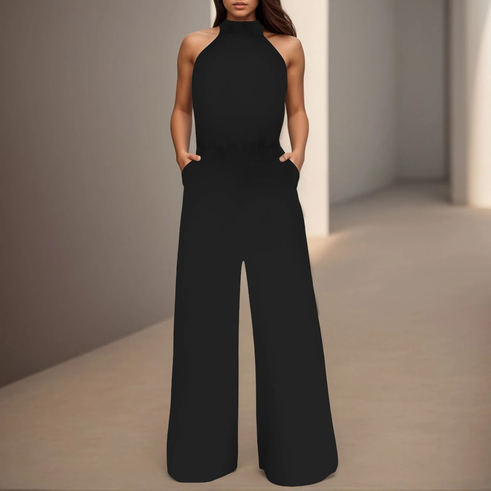 Womens elegant jumpsuit casual sleeveless plain collar jumpsuit loose pockets womens casual office womens work jumpsuit 250427BJ