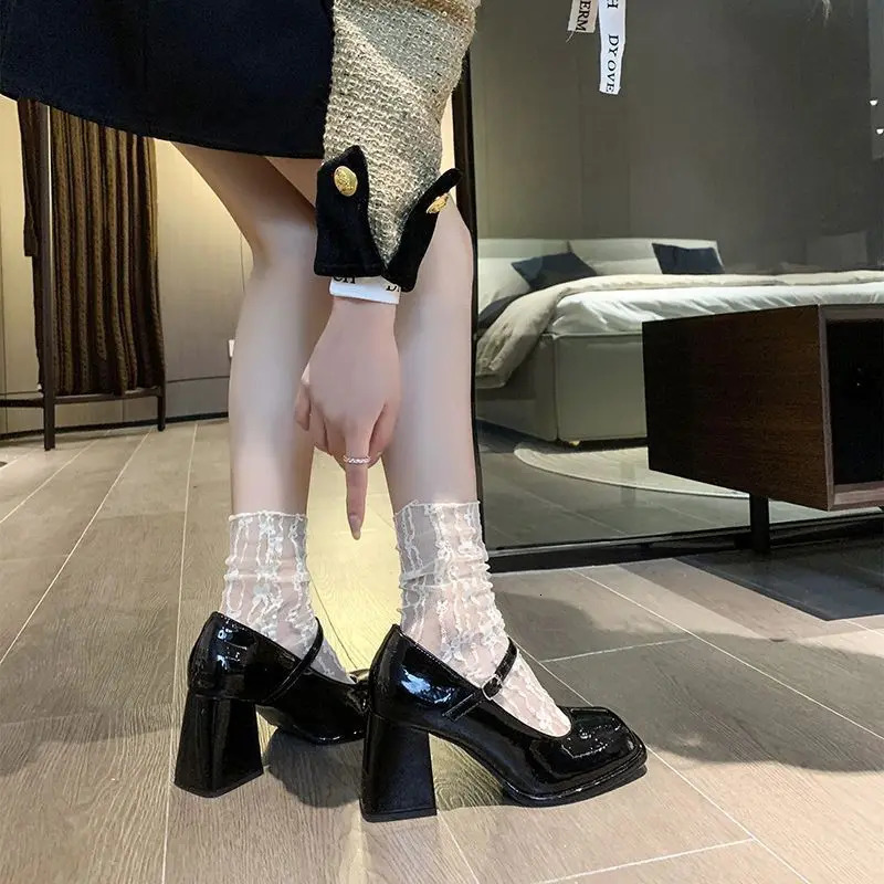 Mary Janes Office Womens Solid Elegant Retro Black Sandals Buckle Non slip Casual High Heels Korea 2024 Summer 250428BANJIA