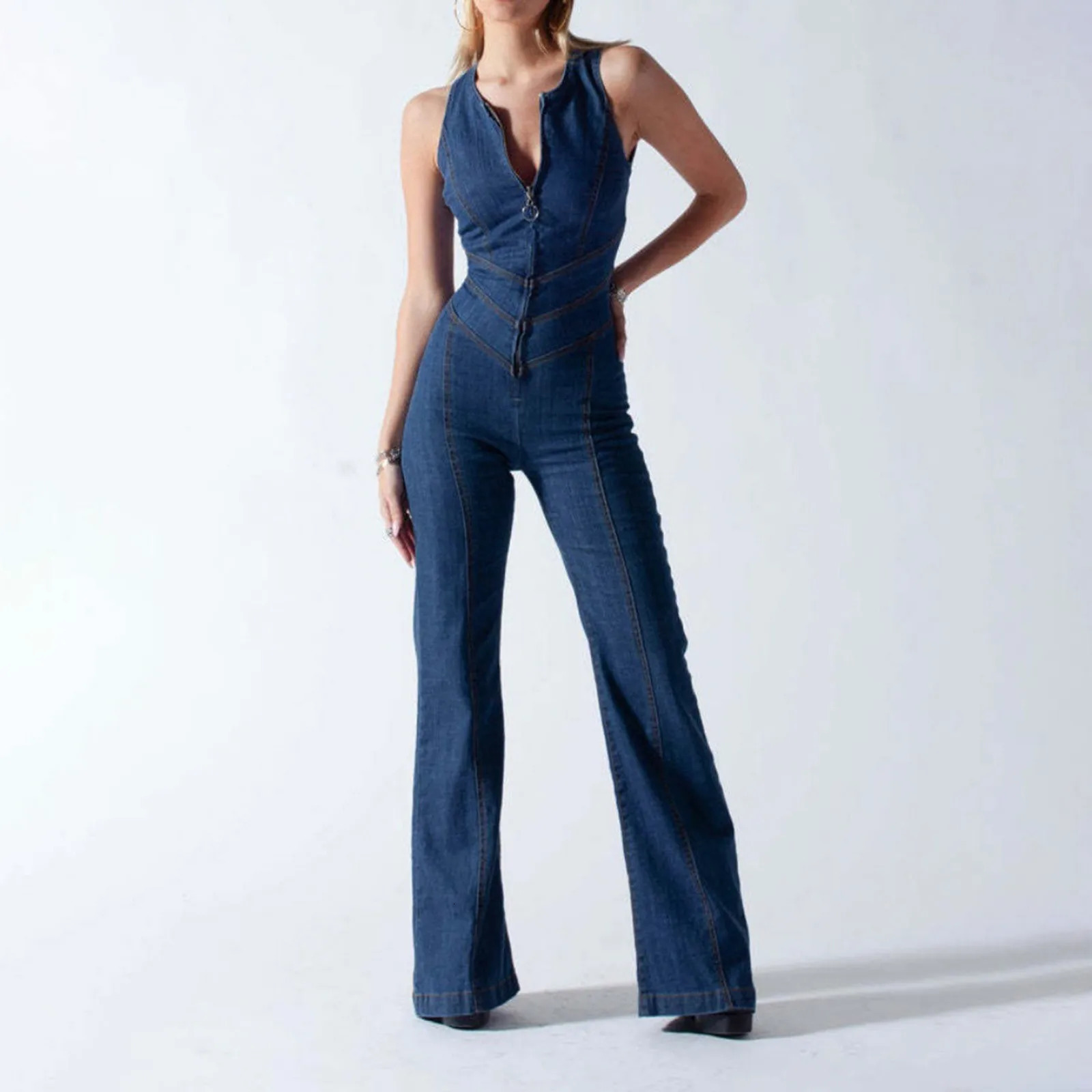Womens Sexy V-neck Sleeveless High Waist Light Shining Denim jumpsuit Fashion Zipper Slimming Vest Set 250427BJ