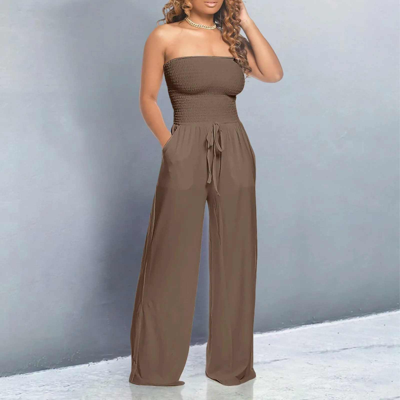 Sexy strapless straight jumpsuit womens pleated lace top wide leg all street clothing solid color long casual jumpsuit 250427BJ
