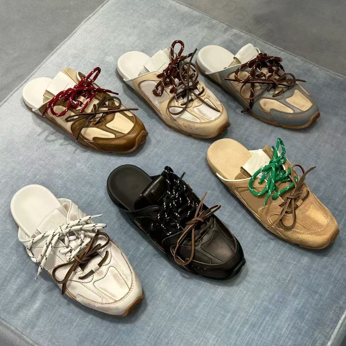 Unisex mules à bout ouvert, chaussures décontractées à lacets color block, semelle plate vintage, chaussures de créateur femme à enfiler pour vac