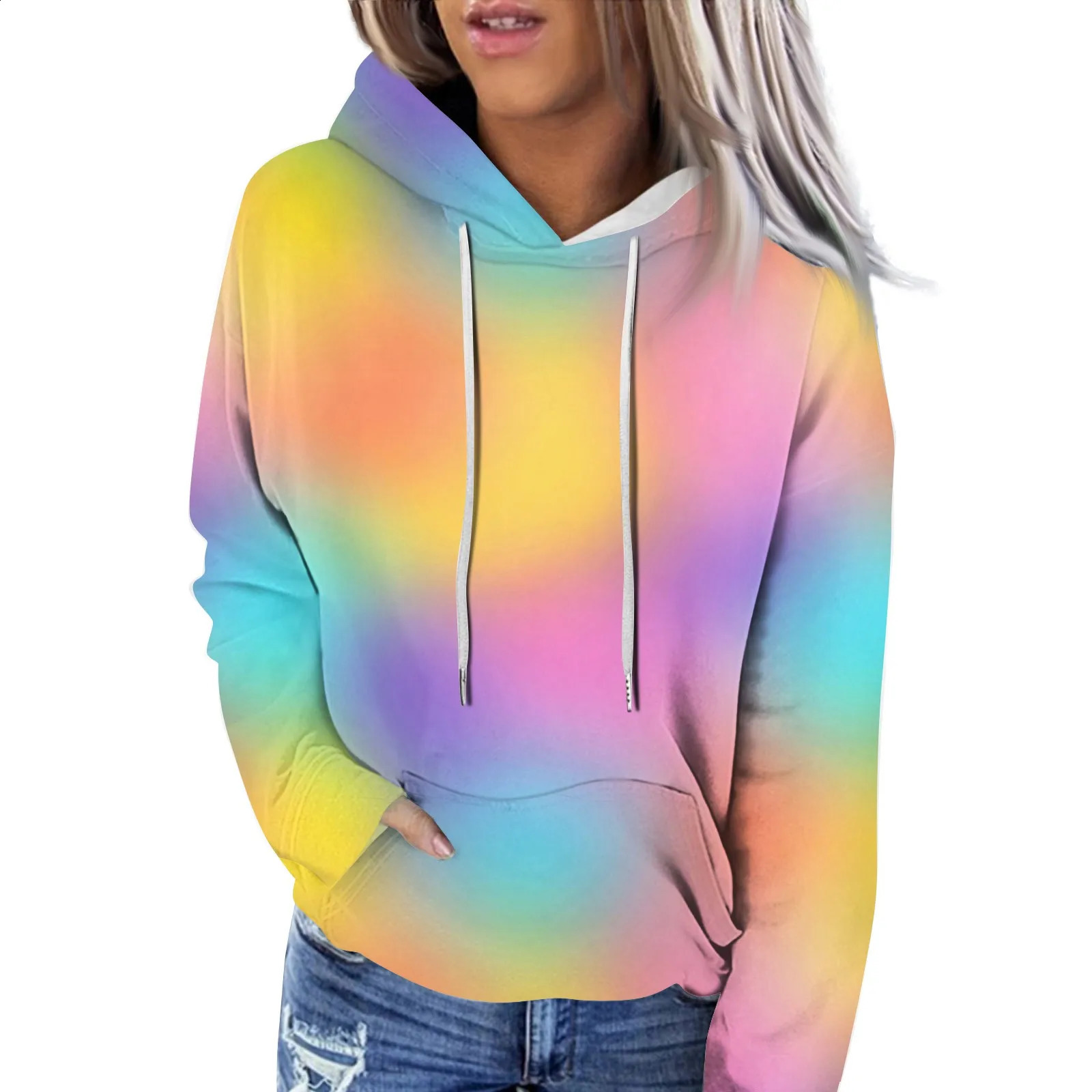 Womens personalized rainbow tie dye hooded sweatshirt fashionable casual long sleeved hooded sweatshirt street sweatshirt trend 250427BJ