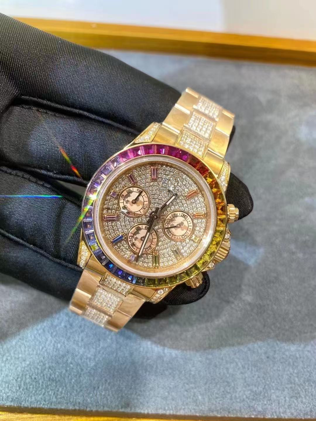 TOP factory luxury designer men's fully automatic luxury watch, size 40mm, Pearl 2813 movement bezel inlaid with rainbow gradient gemstones, in