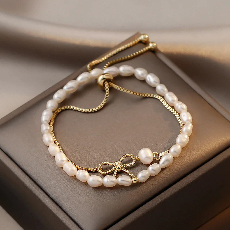 High quality fashionable bow 14K gold filled natural freshwater pearl two-piece bracelet jewelry suitable for womens non fading gifts 250430