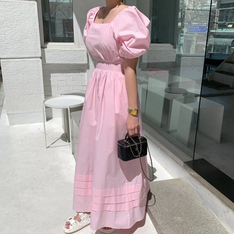REALEFT Summer Puff Sleeve Square Collar Womens Long Dresses High Waist Korean Lace Womens A-line Dress 250427