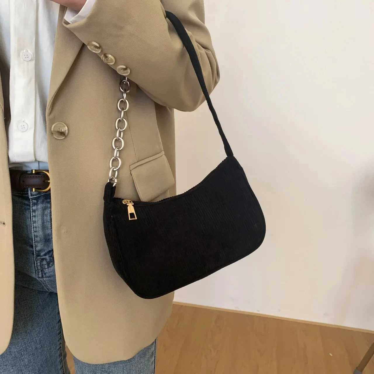 Fashion retro womens handbag Corduroy Underarm bag casual womens shoulder bag solid color zipper womens handbagXJ250504