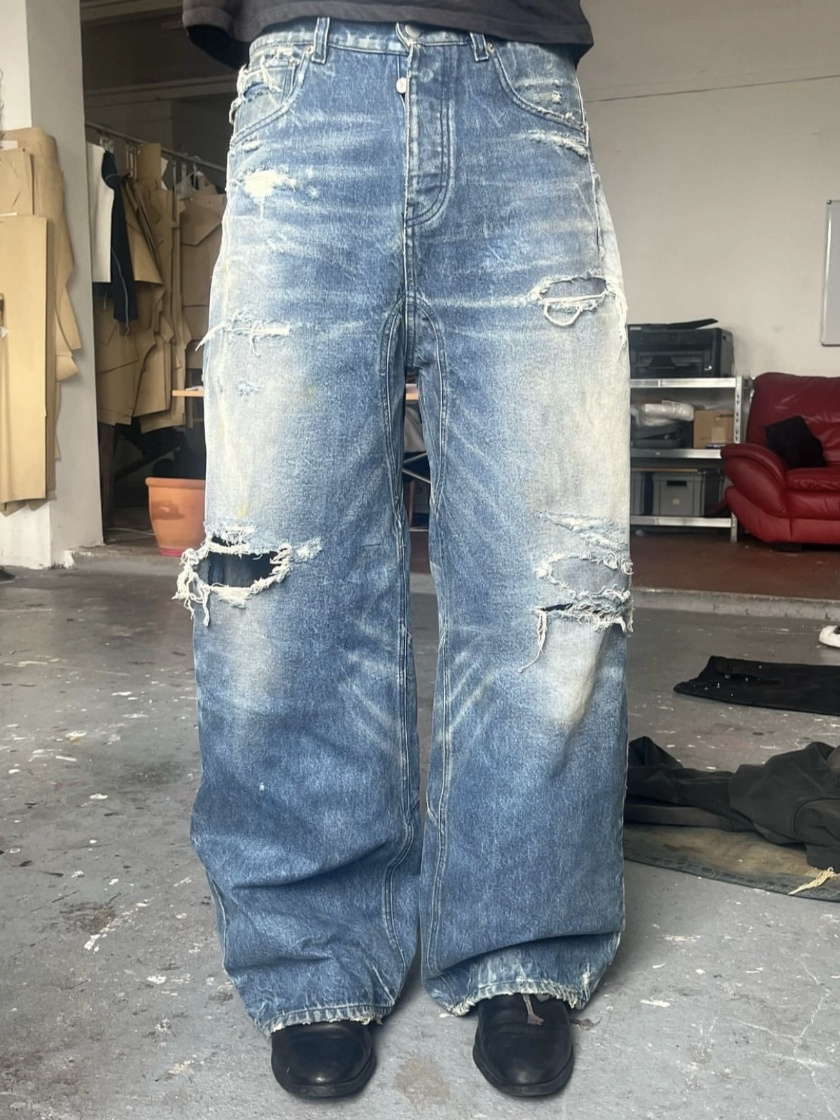 Men's Jeans 25ss ripped washed and edged wide leg pants Baggy 3D curved jeans