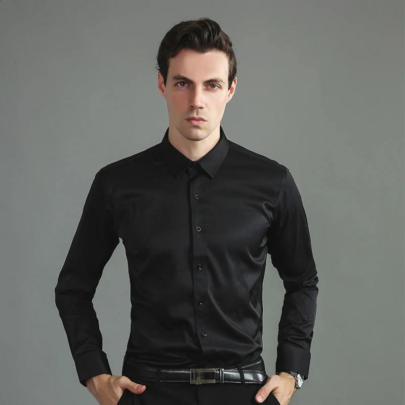 Classic business slim fit elastic mens shirt long sleeved soft smooth office social party mens clothing 250427Z