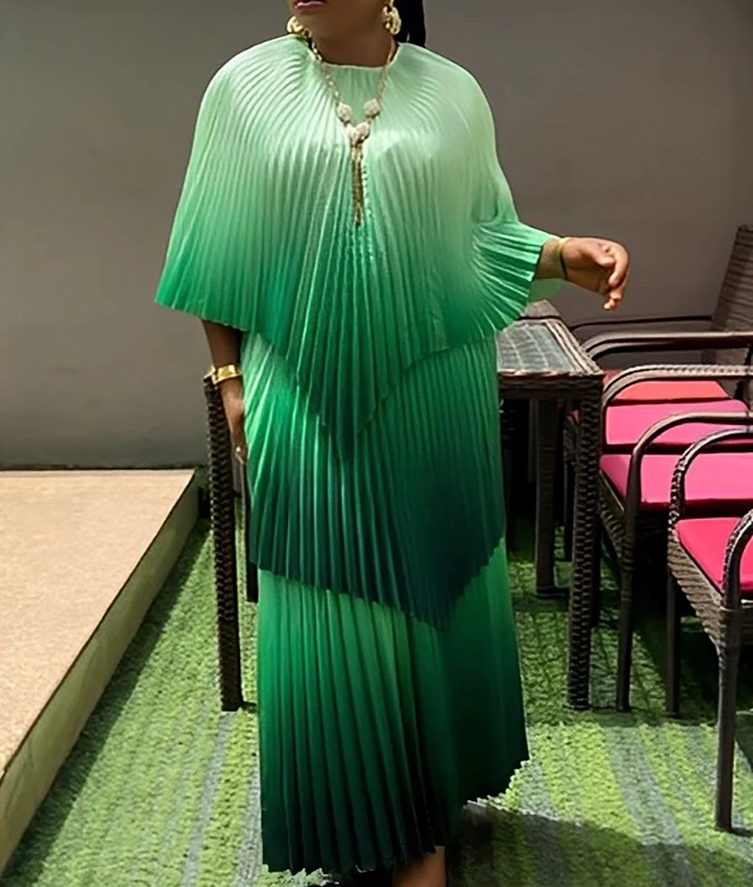 Fold 2024 Spring New Gradual Color Suit Bat Sleeve Shirt Louver Skirt Two-piece Set
