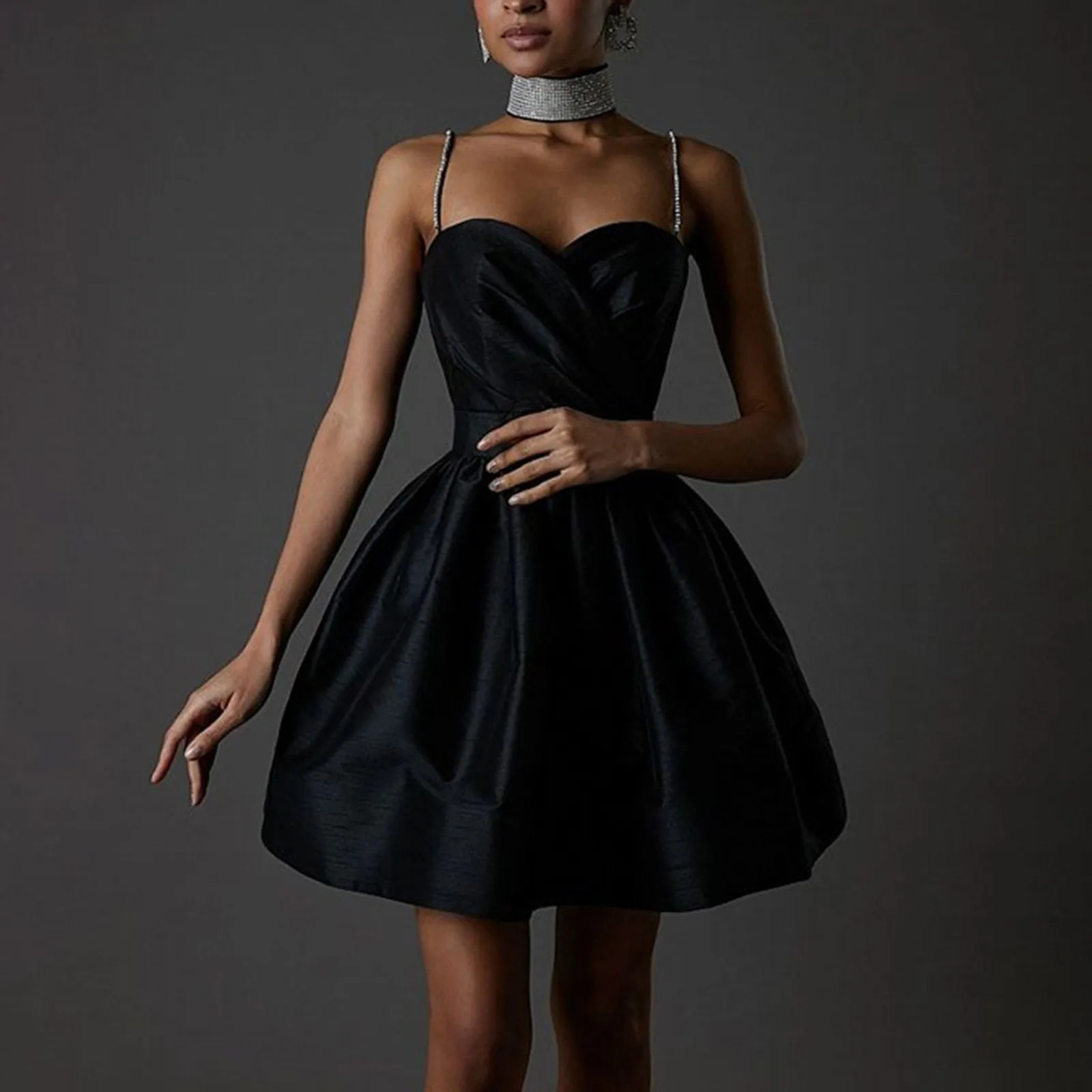 Womens beaded spaghetti strap short skirt elegant waist satin evening dress womens club party sexy dress Y2k clothing 250427Z