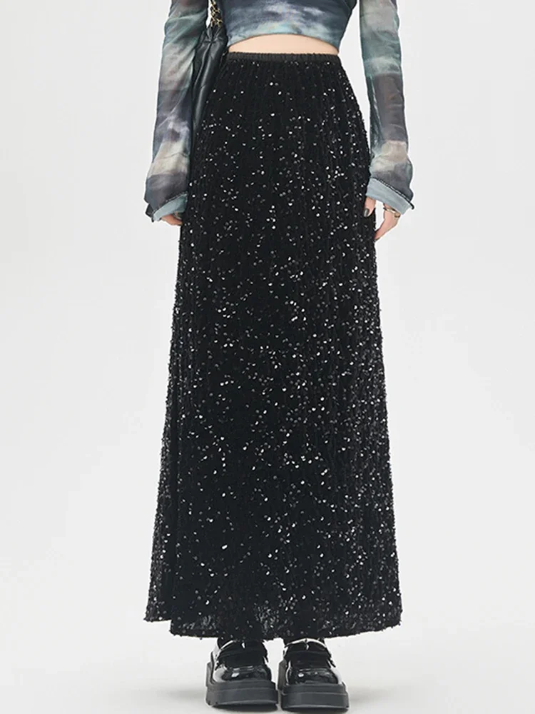 Jupe Maxi à paillettes pour femmes, taille haute, ligne A, longueur au sol, jupe de fête brillante, pantalon Long à paillettes, tenue de club élé