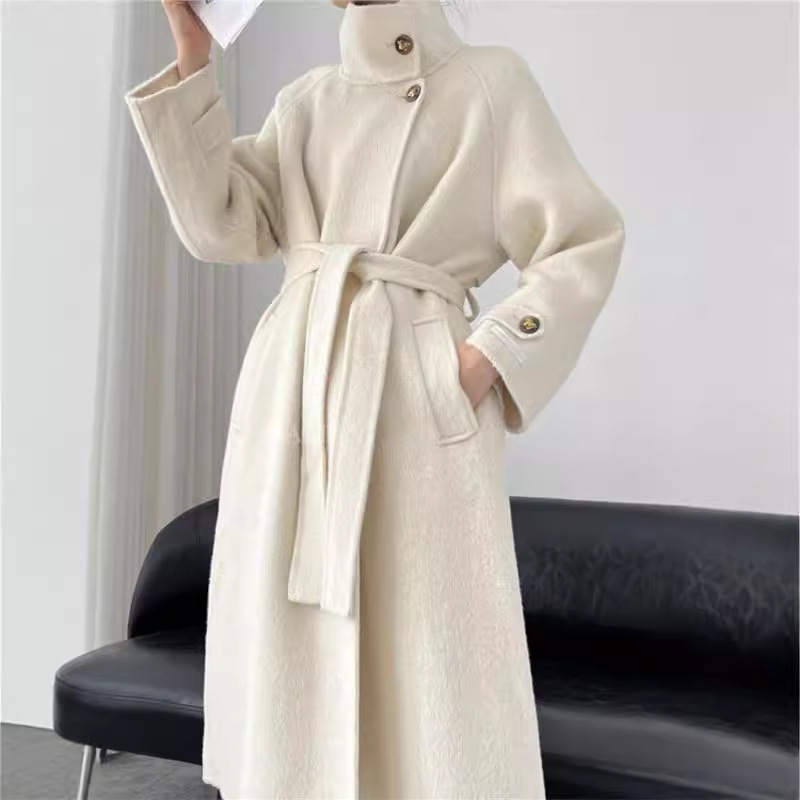 D3395 Light luxury high count virgin wool double-faced cashmere coat for women medium-length stand-up collar woolen coat