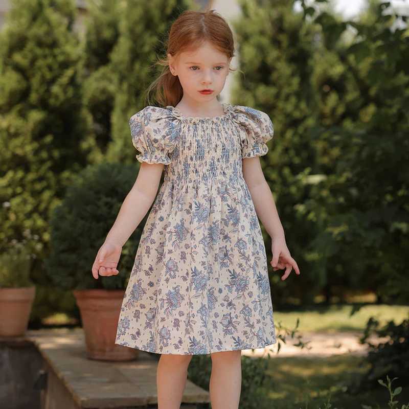 New Summer Clothes Baby Girls Princess Dresses Puff Sleeve Blue Flower Toddlers Vacation Kids Cotton Cute Dress Casual Outfit Y26062528WK