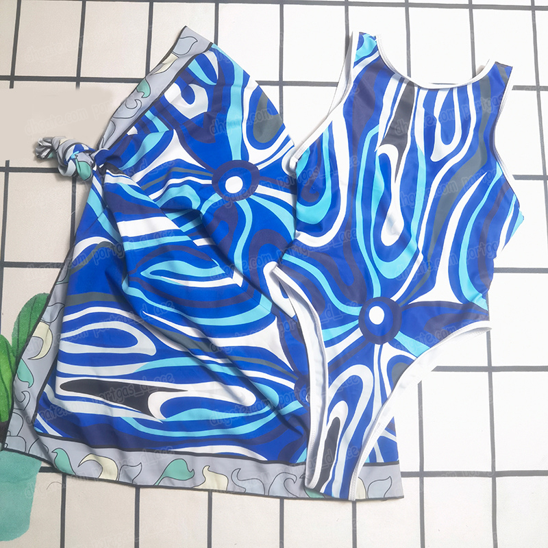 Luxury Printed Women Swimwear With Cover Up Skirt Designer Contrast Color One Piece Swimsuits Pool Party Seaside Scarf Swimsuit-image-1041030315