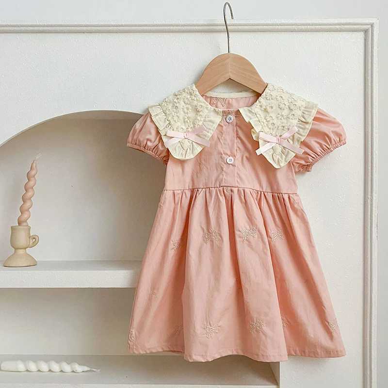Summer Girls Casual Dress Korean Fashion Dress Girls Party Embroidered Bow Costumes Kids Pink Lace Puff Sleeve Princess Dresses Y260625E8JM