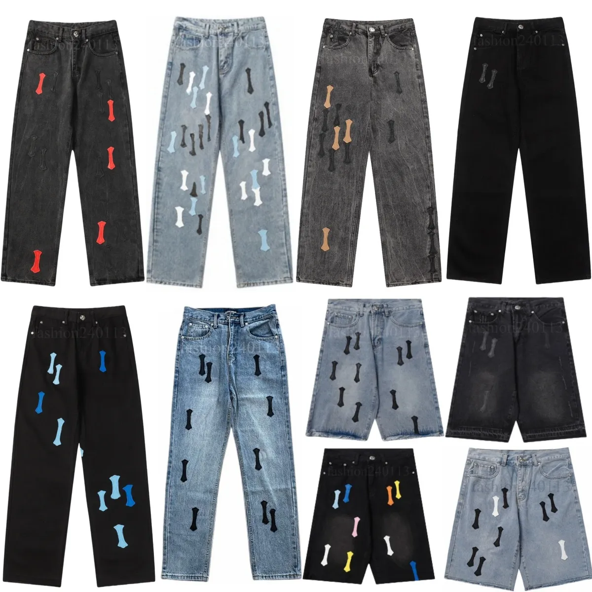 Jeans de créateurs de pantalons masculins pour hommes jean shorts de jean bleu denim pantalon évasé Patch blanc broderie garçons kecks plage mult