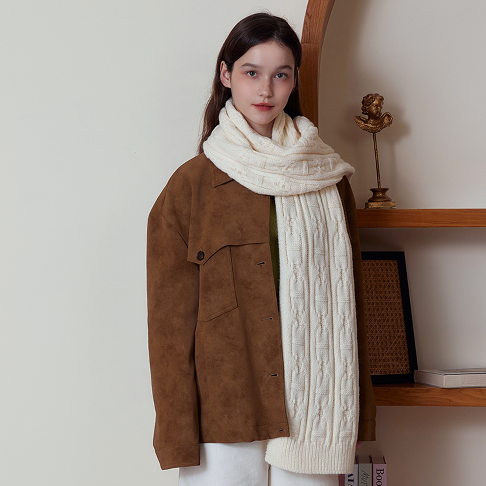 Z056 Retro Thick Needle Twisted Wool Solid Color Knitted Scarf Womens Warm Couple Neck Shawl L250818