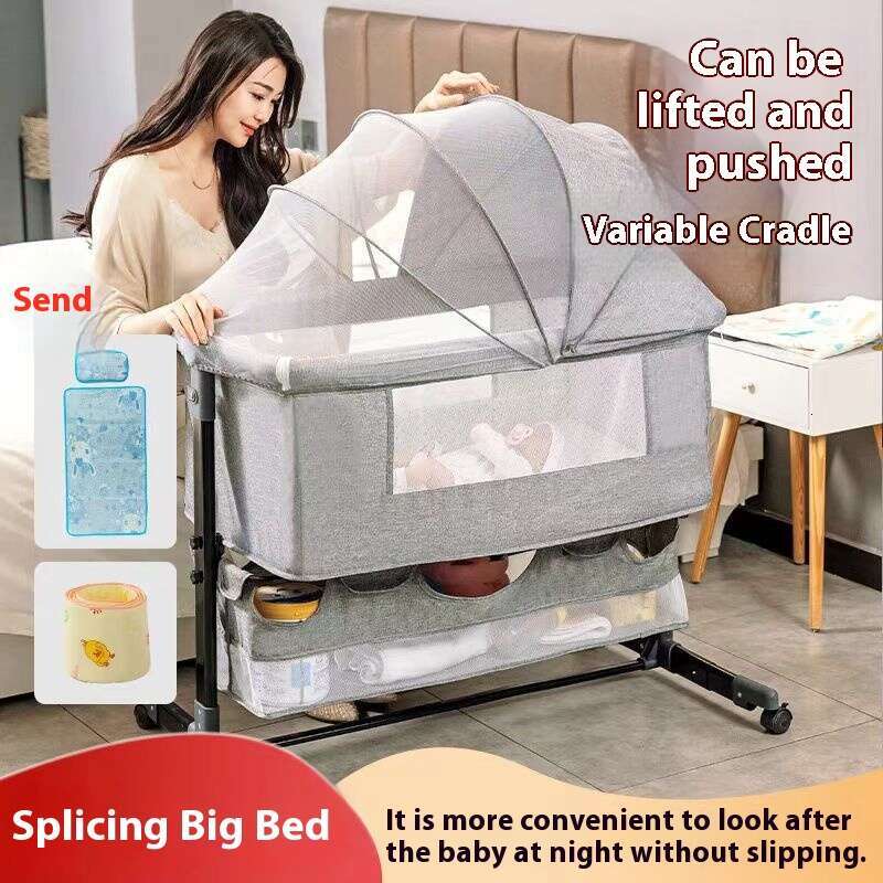 multifunctional newborn baby spliced rocking bed movable foldable with mosquito netting-image-1056967118