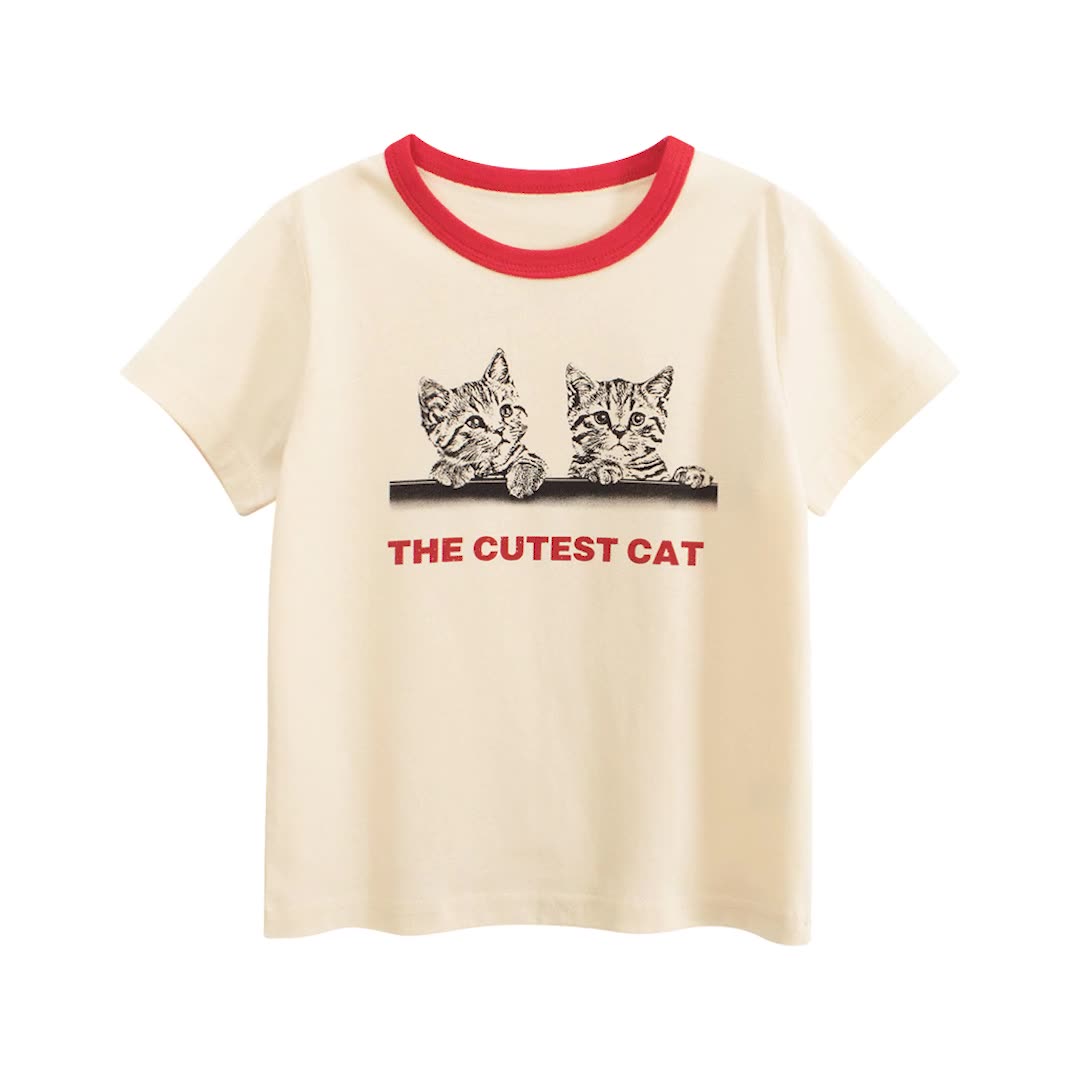 XW229 New summer girls T-shirts European and American style children&#039;s cat casual tops for small and medium-sized children&#039;s short slee-image-1057013601