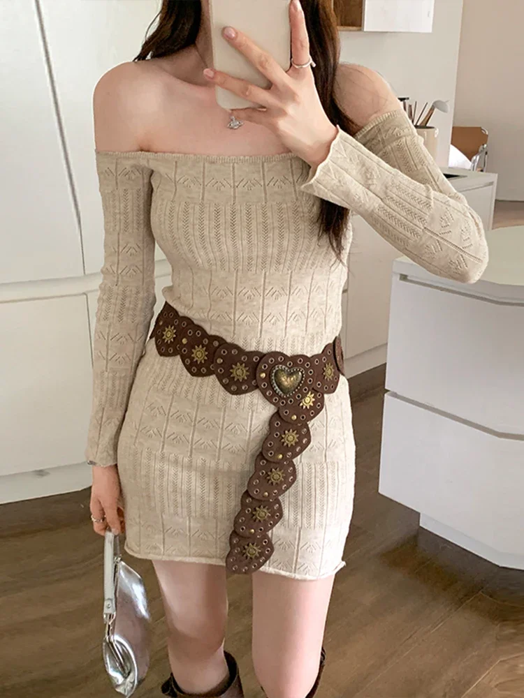 Mini robe en tricot pour femme, épaules dénudées, manches longues, motif géométrique texturé, moulante, coupe ajustée avec ceinture occidentale v