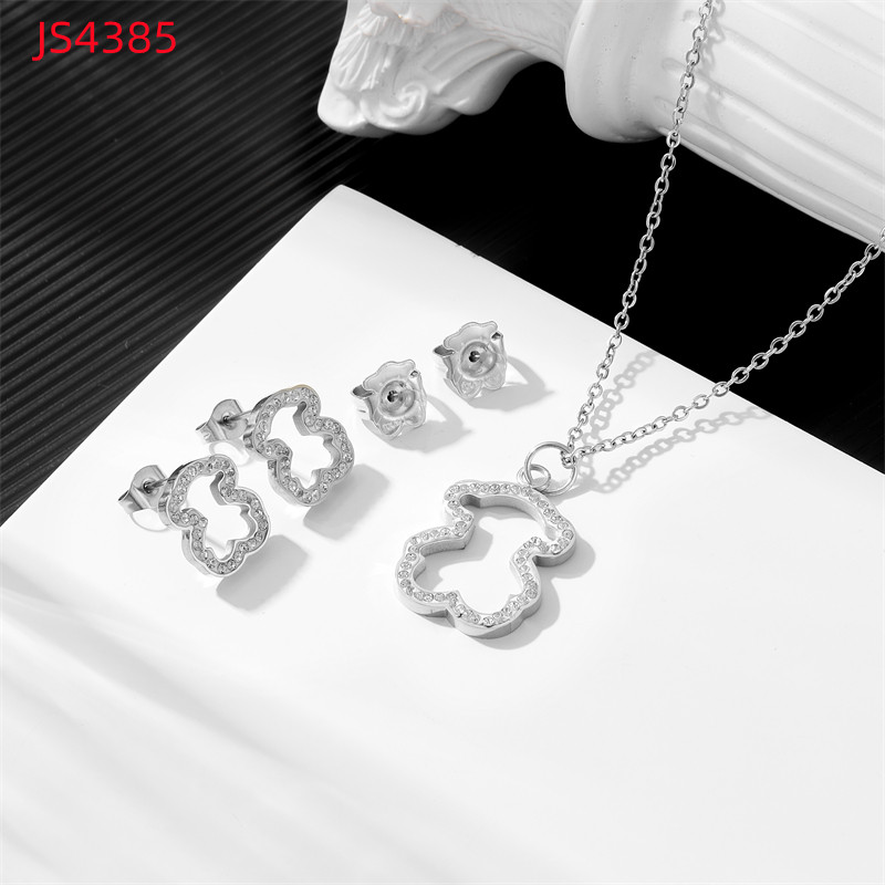 Hot Sale Fashion Women Men Silver Gold Stainless Steel Bear Cartoon Span Heart Love Tree Hollow Zircon Pendant Necklace Earrings Sets Jewelry-image-1057109982