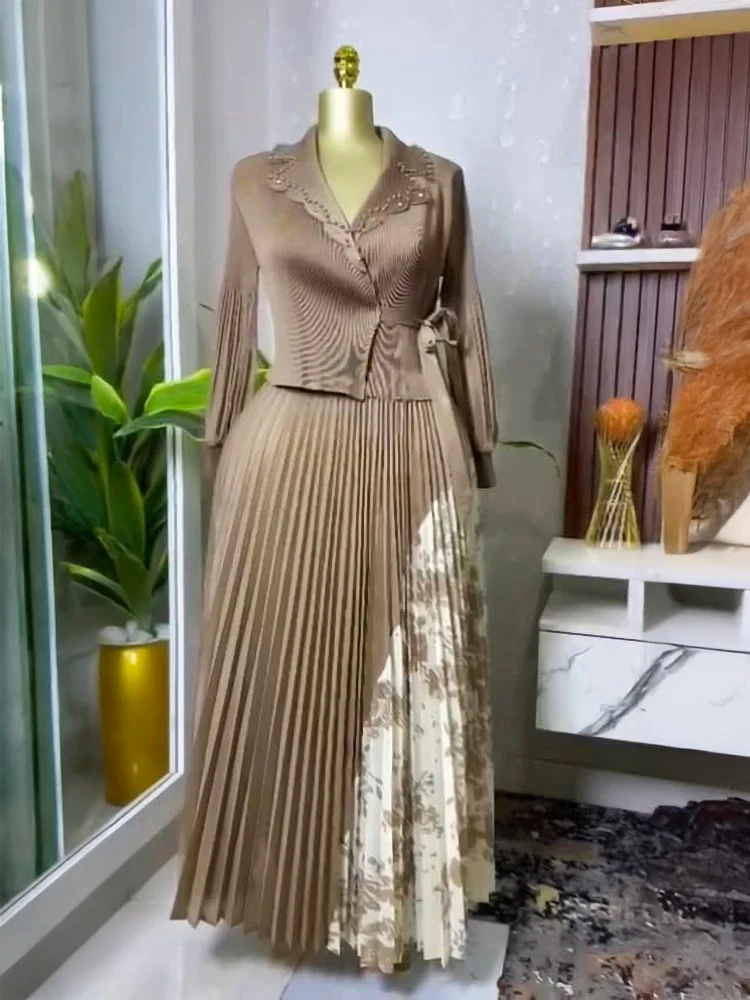 Elegant Banquet Pleated A-line Dress Suit Collar Mid To Long Style Waist Cinching Slimming Women Folds Skirt 2025 New