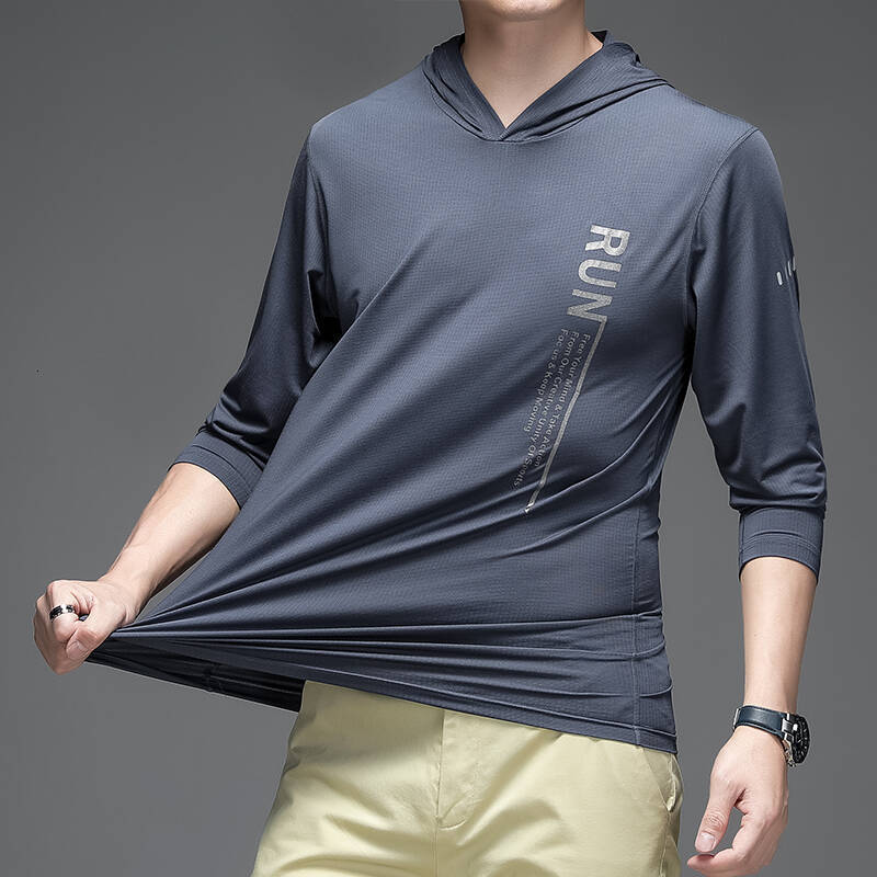 Hooded long sleeved ice silk T-shirt for men spring and summer quality T-shirt mens breathable base shirt elastic sports T-shirt 250512BJ