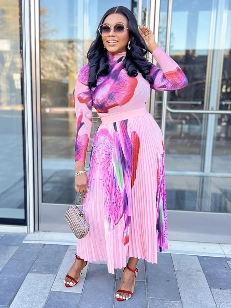 Chic And Elegant 2 Piece Women Set Print Top Pleated Skirt Y2k Clothes Woman Plus Size Clothing Casual Female Fashion Two Outfit