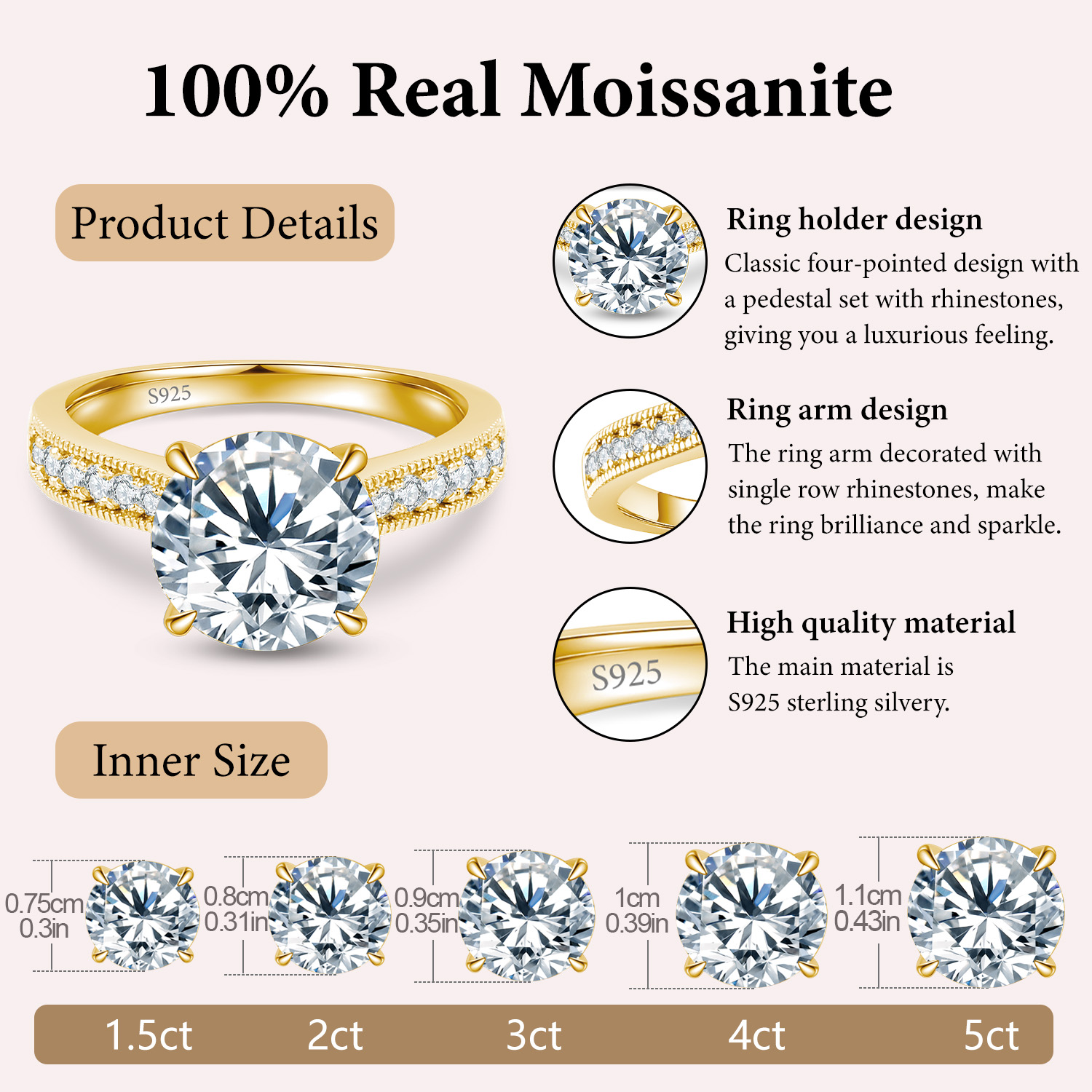 2 CT D Color VVS1 Round Cut Moissanite Engagement Ring: 18K Yellow Gold Plated S925 Sterling Silver Solitaire
