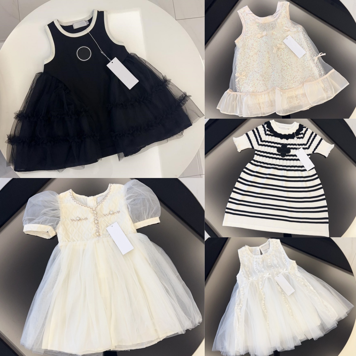 Girls Dresses Designer Kids Clothes Toddlers Children One-piece Dress Youth Cute Princess Black White Brand Skirts-image-822764814