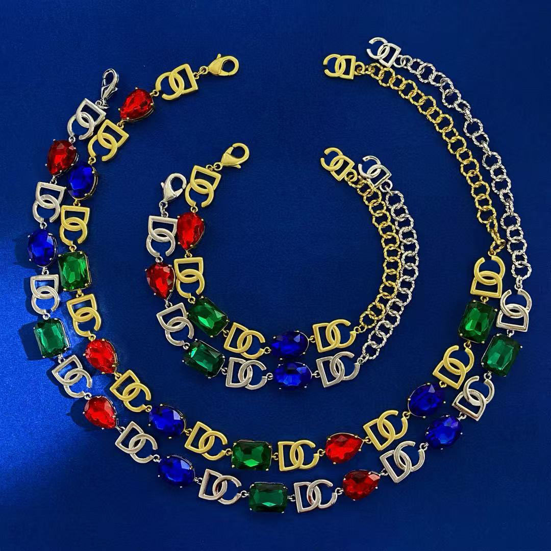 2026 Luxury Fashion Colorful Crystal Chokers Necklace High Quality Exquisite Charming Bracelet Women's Designer Jewelry perfume Set Gold cologn